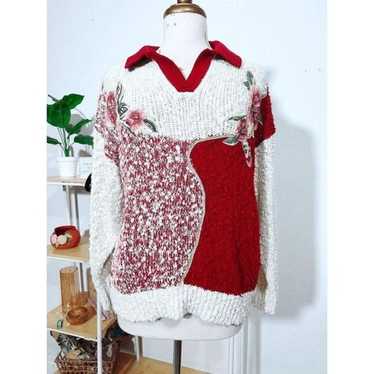 Vintage Red Cream Knitted Floral Thick Sweater