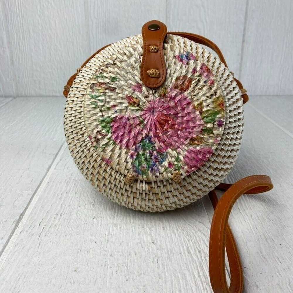 Round Rattan Hand Woven Crossbody Basket Bag Purs… - image 1