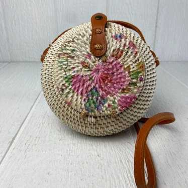 Round Rattan Hand Woven Crossbody Basket Bag Purs… - image 1
