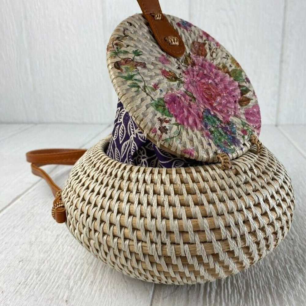 Round Rattan Hand Woven Crossbody Basket Bag Purs… - image 2