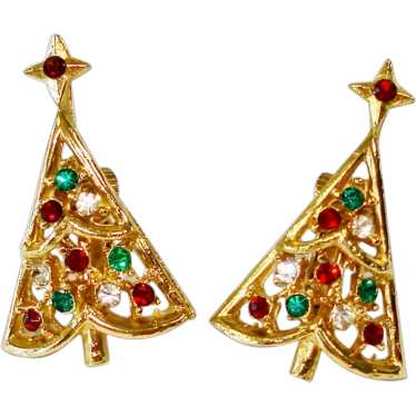 Rhinestone Christmas Tree Clip Earrings