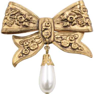 Brooch Bow Ornate Puffy Antiqued Gold Tone Pearl … - image 1