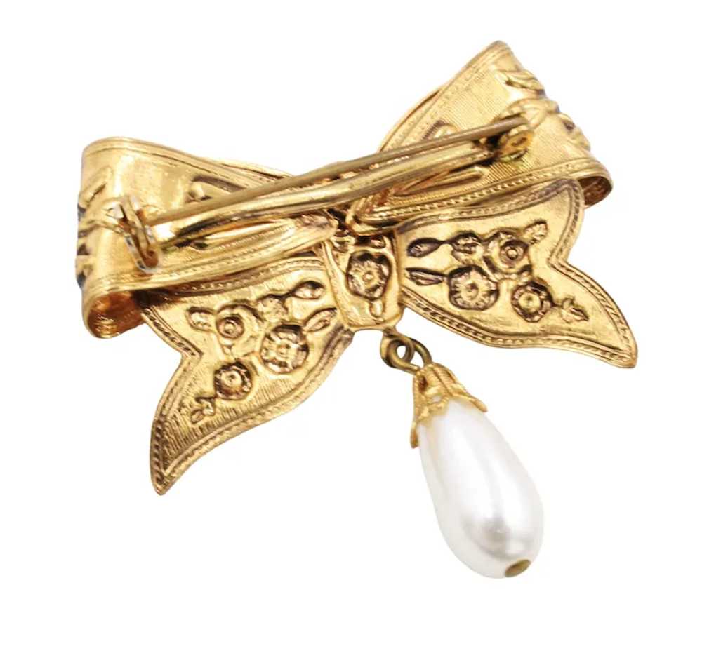 Brooch Bow Ornate Puffy Antiqued Gold Tone Pearl … - image 3