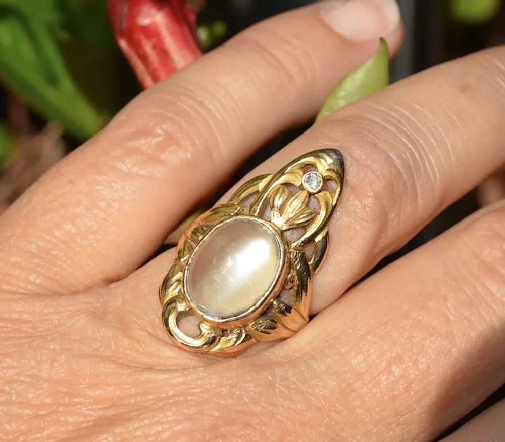 Original Art Nouveau 10K Moonstone & Diamond Ring - image 2