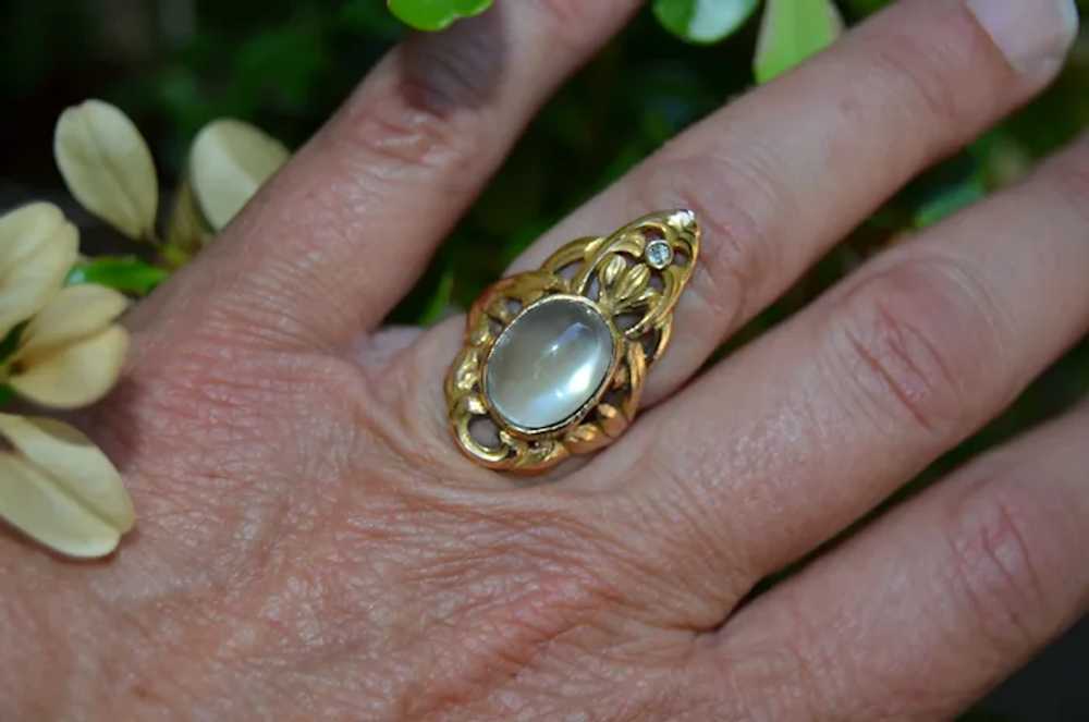 Original Art Nouveau 10K Moonstone & Diamond Ring - image 3