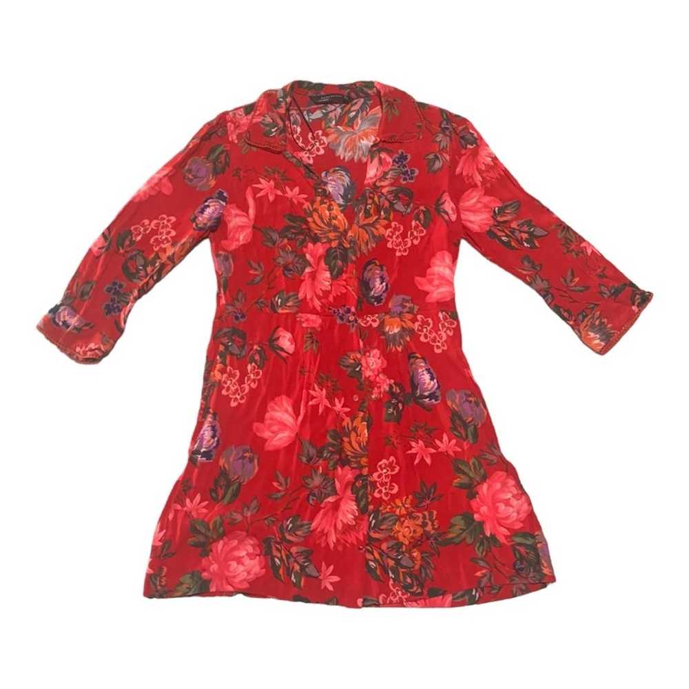Zara red floral button front shirt dress womens m… - image 2