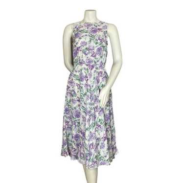 Vintage Floral Dress Midi White Purple Sleeveless… - image 1