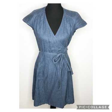 Boden blue chambray linen wrap cap sleeve dress s… - image 1