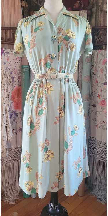 1940s Rayon Floral Print Day Dress