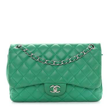 CHANEL Lambskin Quilted Jumbo Double Flap Green