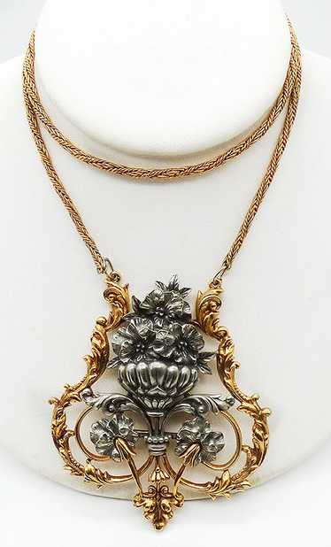 Art Silver and Gold Flower Basket Necklace