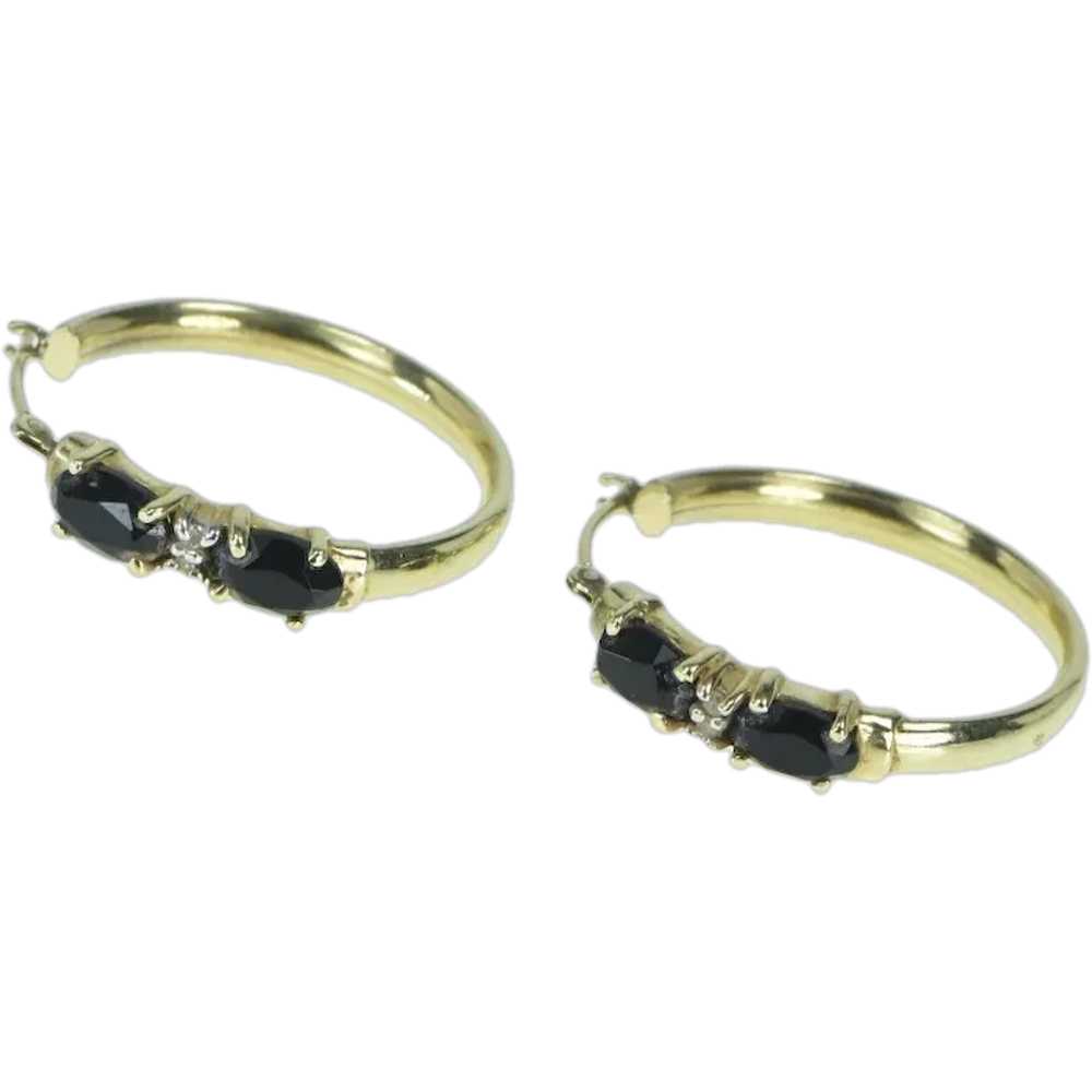 14K 24.6mm Black Onyx Diamond Vintage Hoop Earrin… - image 1