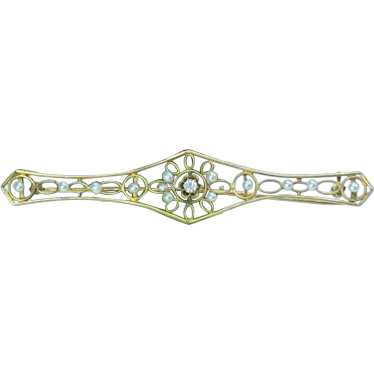 Art Nouveau 10K gold Diamond Seed Pearl Filigree … - image 1