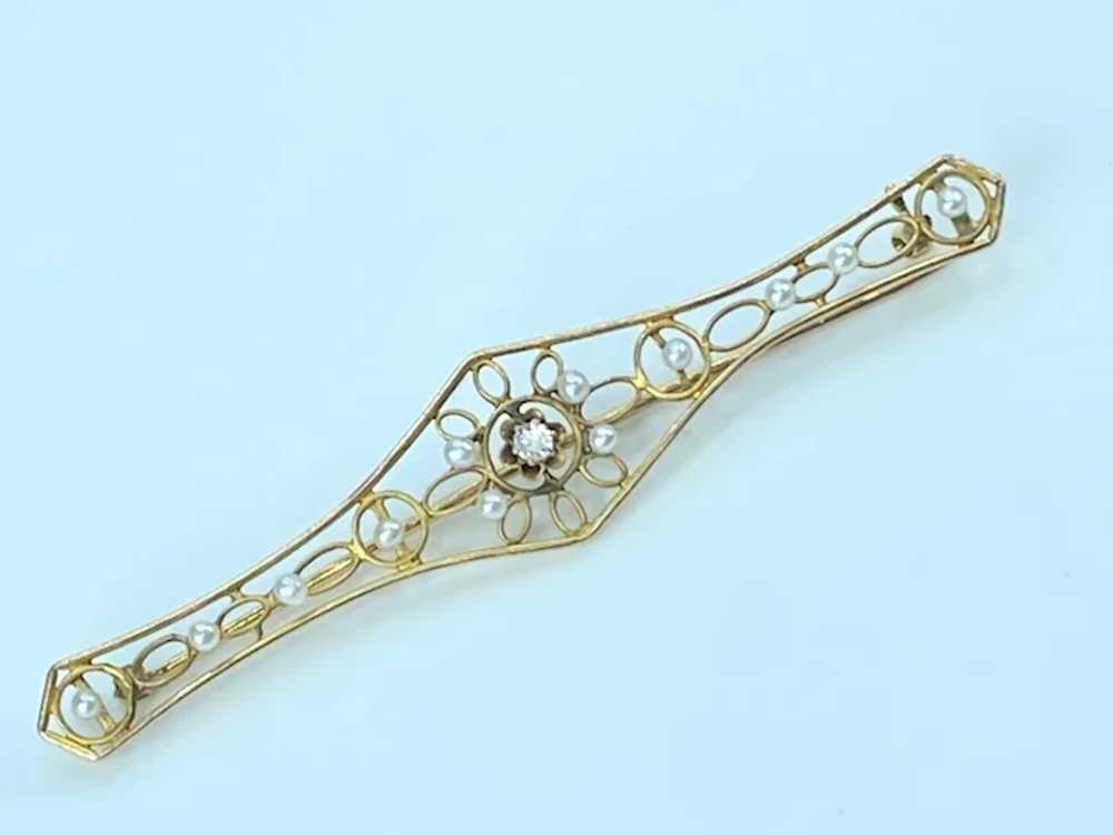 Art Nouveau 10K gold Diamond Seed Pearl Filigree … - image 3