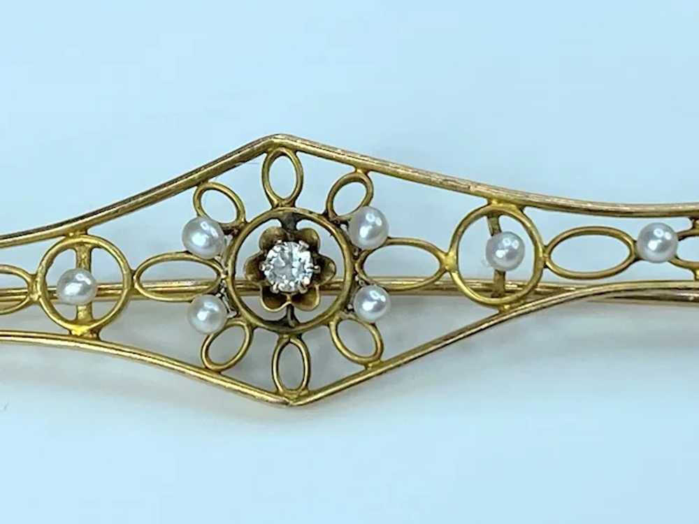Art Nouveau 10K gold Diamond Seed Pearl Filigree … - image 4