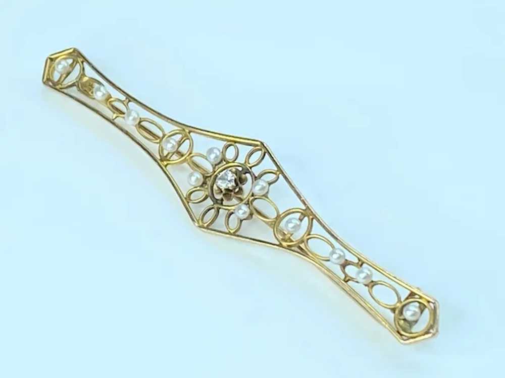 Art Nouveau 10K gold Diamond Seed Pearl Filigree … - image 5