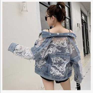 NEW Floral Lace Denim Crop Distressed Jacket - image 1