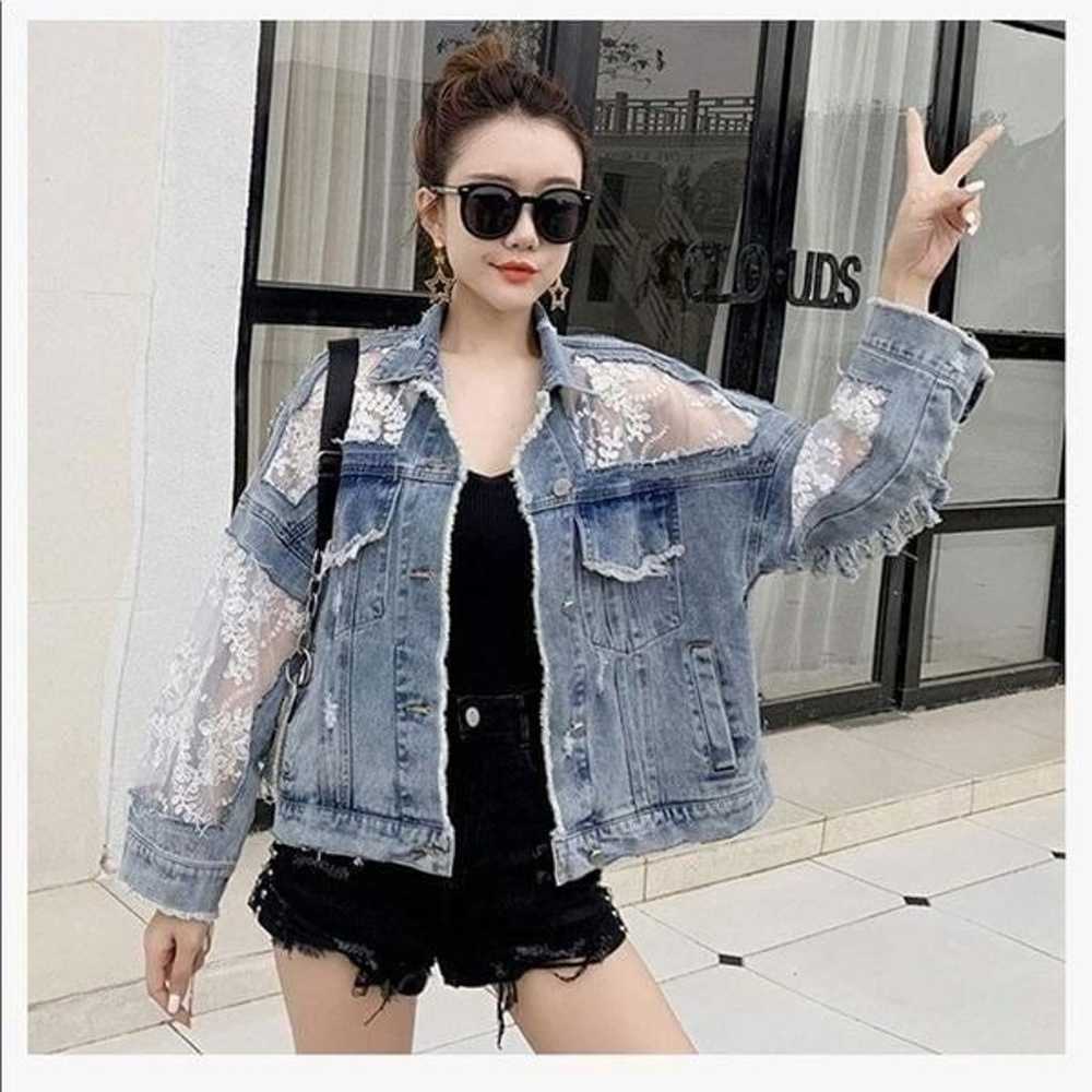 NEW Floral Lace Denim Crop Distressed Jacket - image 2