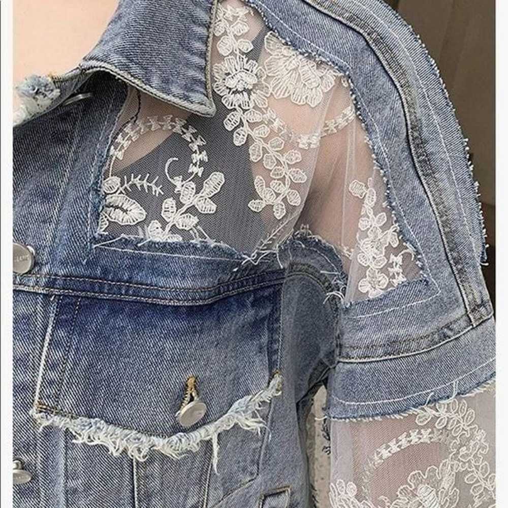 NEW Floral Lace Denim Crop Distressed Jacket - image 3