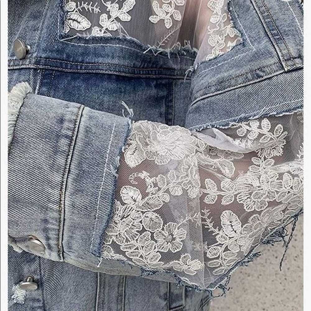 NEW Floral Lace Denim Crop Distressed Jacket - image 4