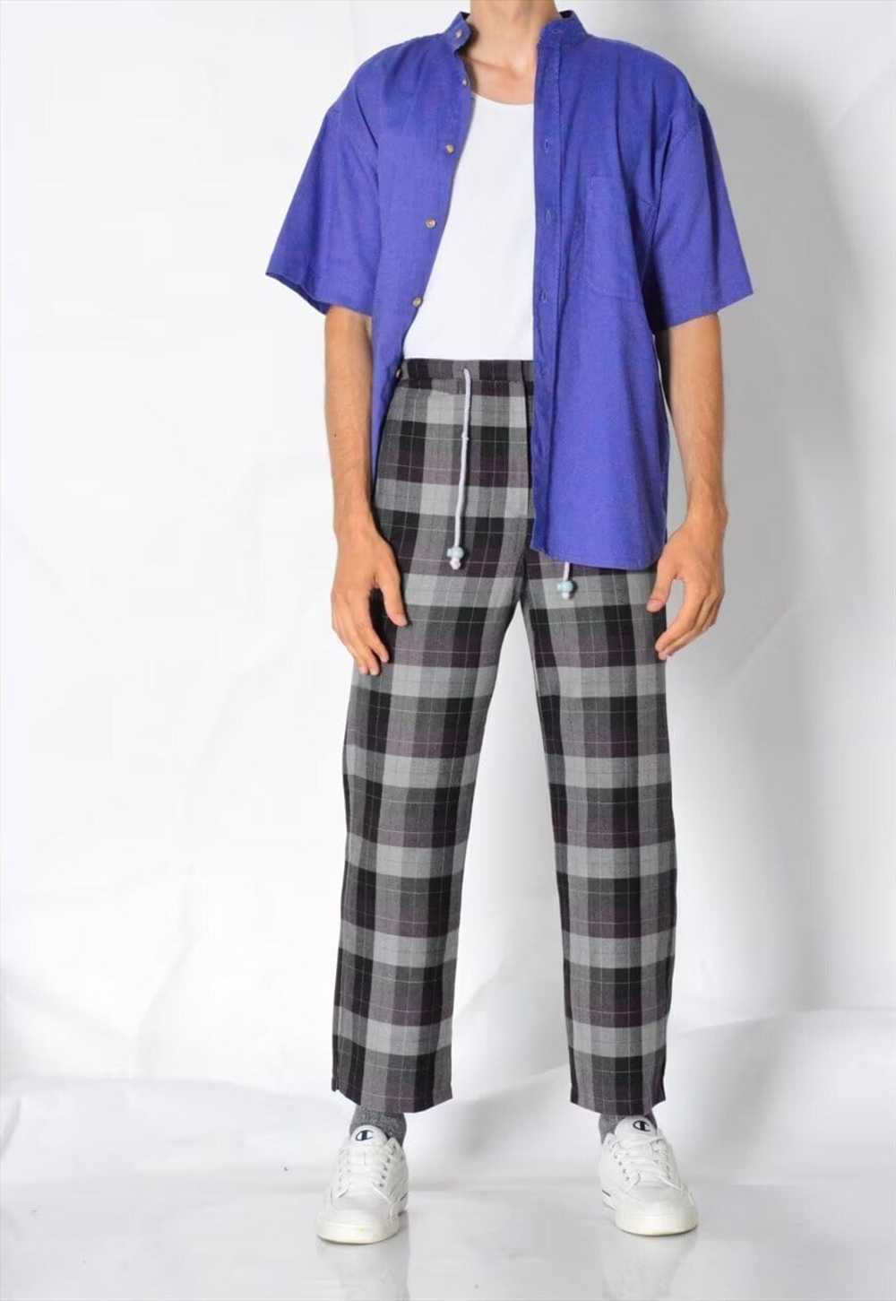 Vintage 90s Unisex Grey Purple Preppy Check Pants - image 2