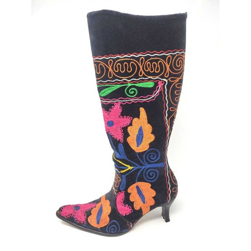 Sz 7.5 / 38 -  Black Velvet Embroidered Knee-High… - image 3