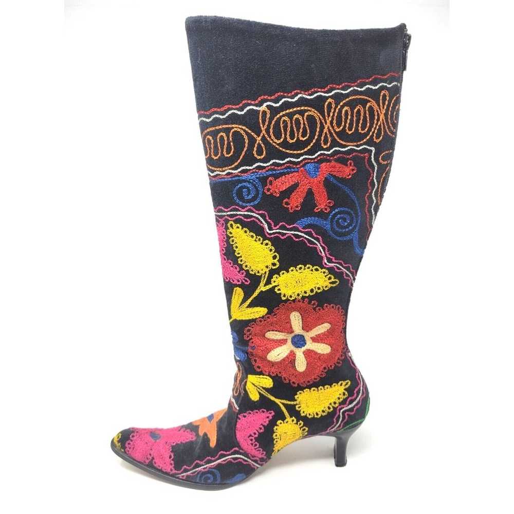 Sz 7.5 / 38 -  Black Velvet Embroidered Knee-High… - image 6