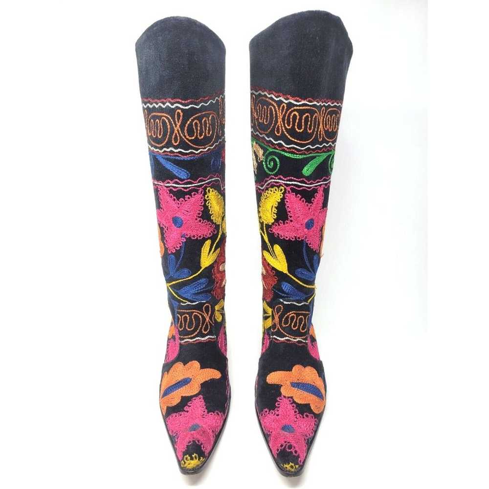 Sz 7.5 / 38 -  Black Velvet Embroidered Knee-High… - image 7