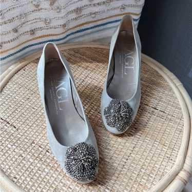 AGL Grey Rhinestone Toe Kitten Heel Suede Shoes Wo