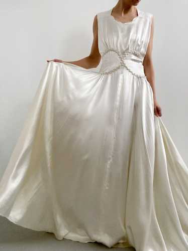 1940s Liquid Satin Dress with Beaded Waistline - A