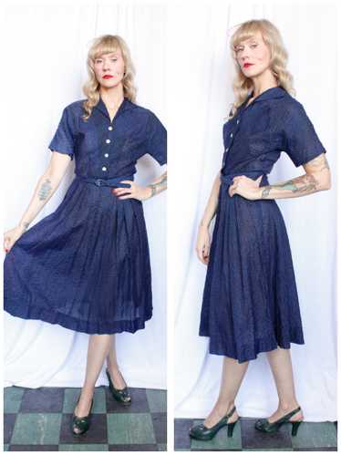 1950s Navy Puckered Nylon Shirt Waist Dress - Smal