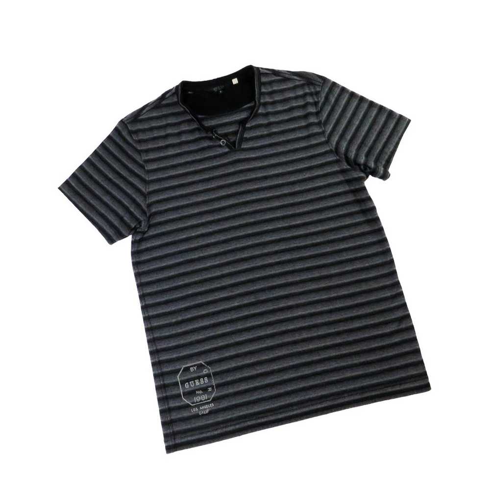 Y2k Guess Black & Gray Striped Henley Tee Button … - image 1