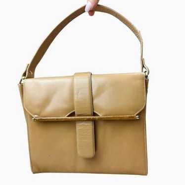 Vintage Tan Leather Shoulder Bag With Wooden Acce… - image 1