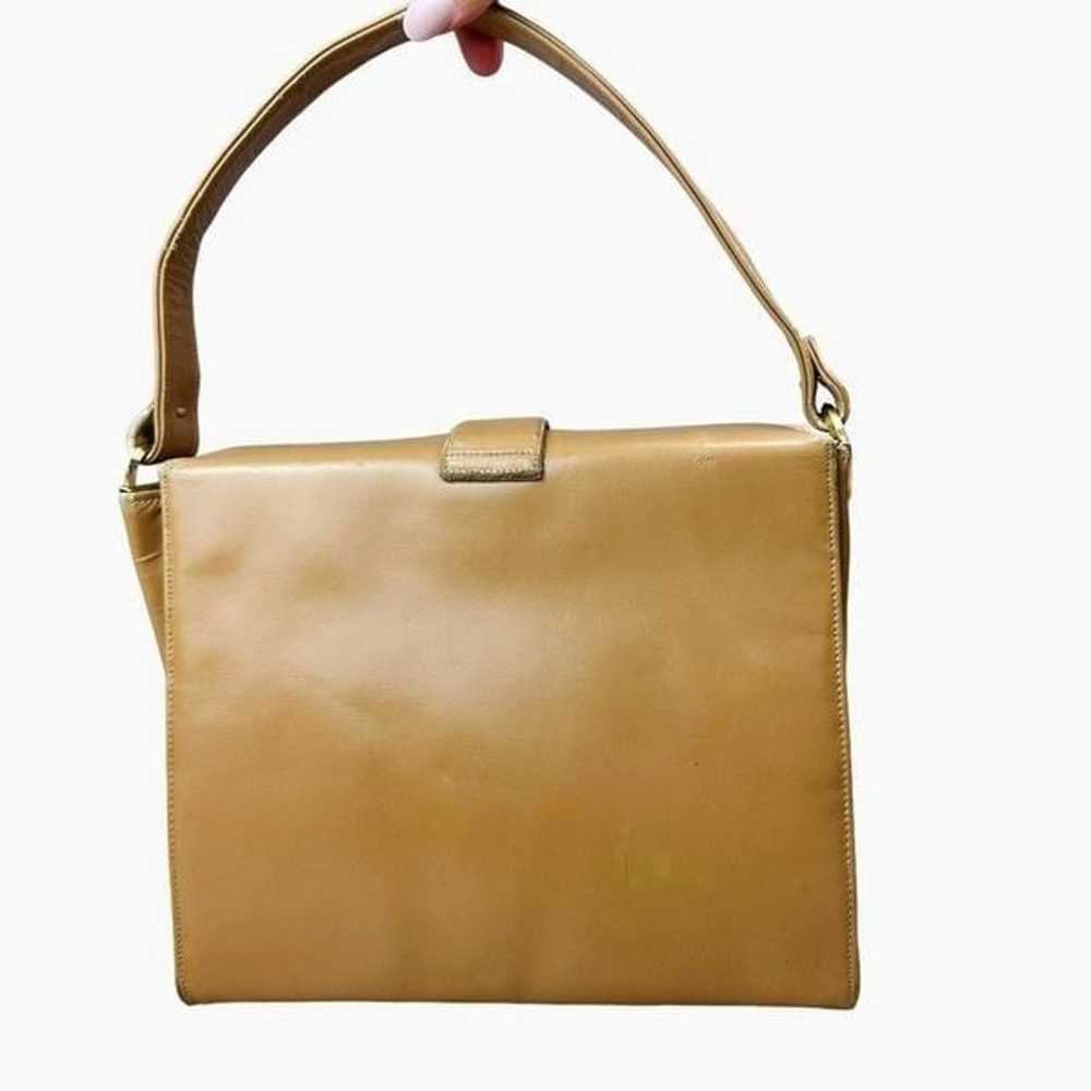 Vintage Tan Leather Shoulder Bag With Wooden Acce… - image 5