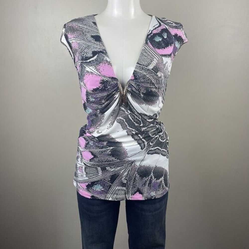 Roberto Cavalli VTG Y2K Plunge Neck Shirt 44 IT 8… - image 3