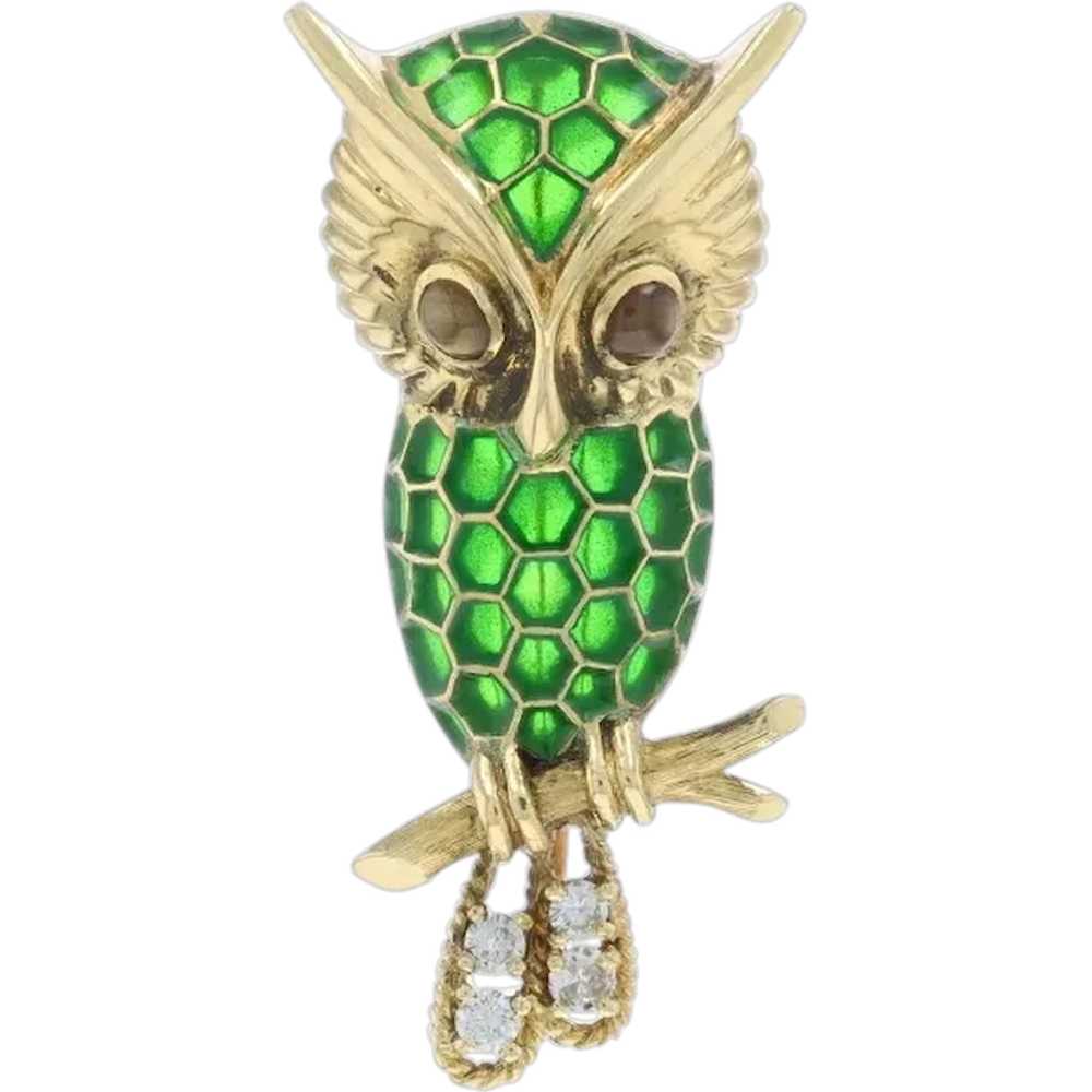 Yellow Gold Chrysoberyl Diamond Vintage Owl Brooc… - image 1