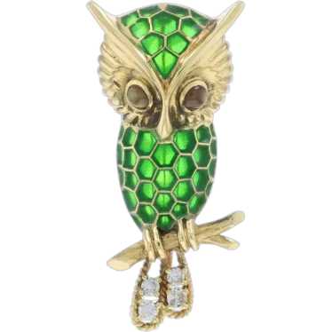 Yellow Gold Chrysoberyl Diamond Vintage Owl Brooc… - image 1