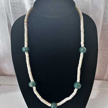 Vintage Malachite & White Heishi Shell Necklace w… - image 1