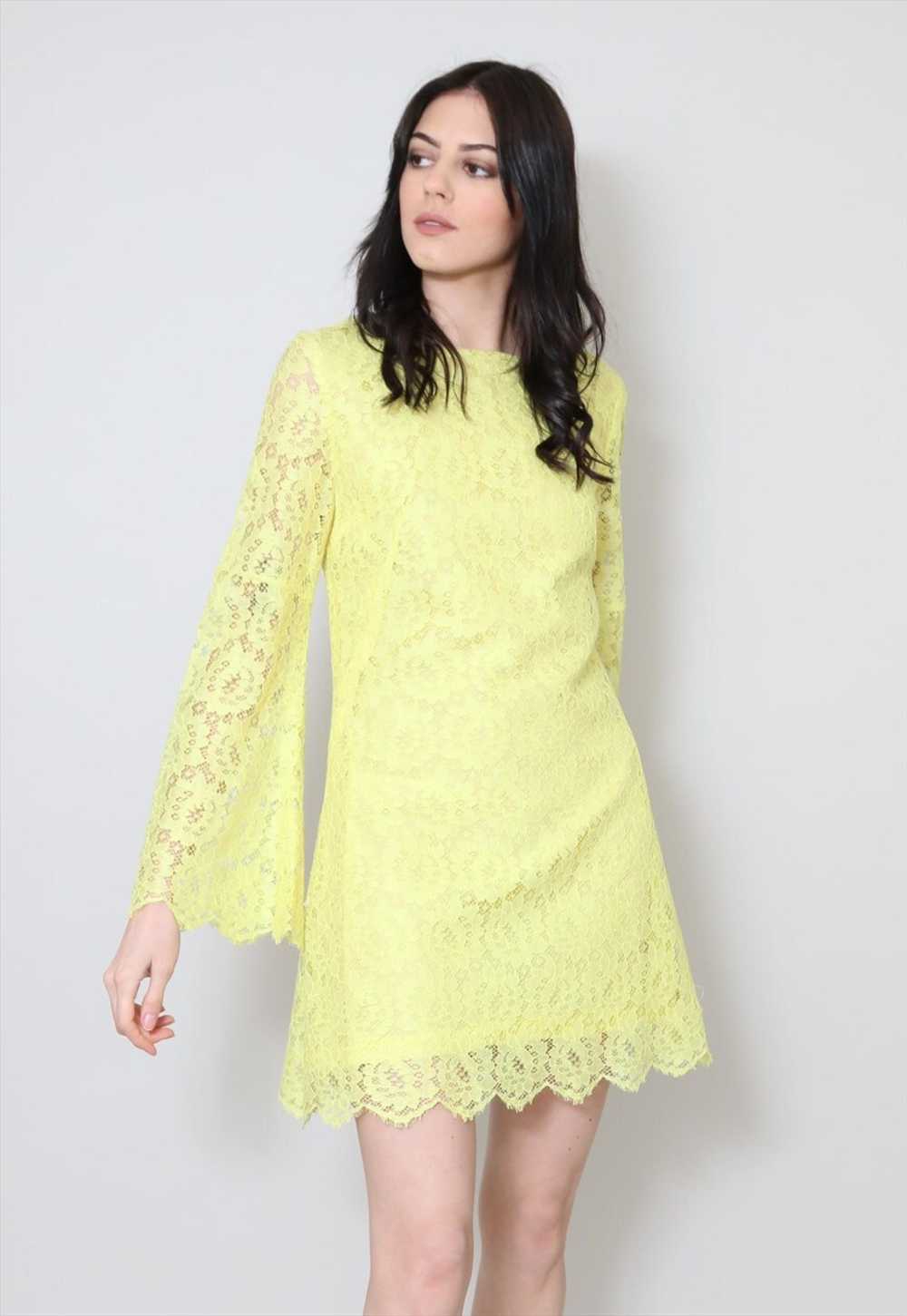 60's Vintage Ladies Yellow Lace Long Sleeve Mini … - image 2