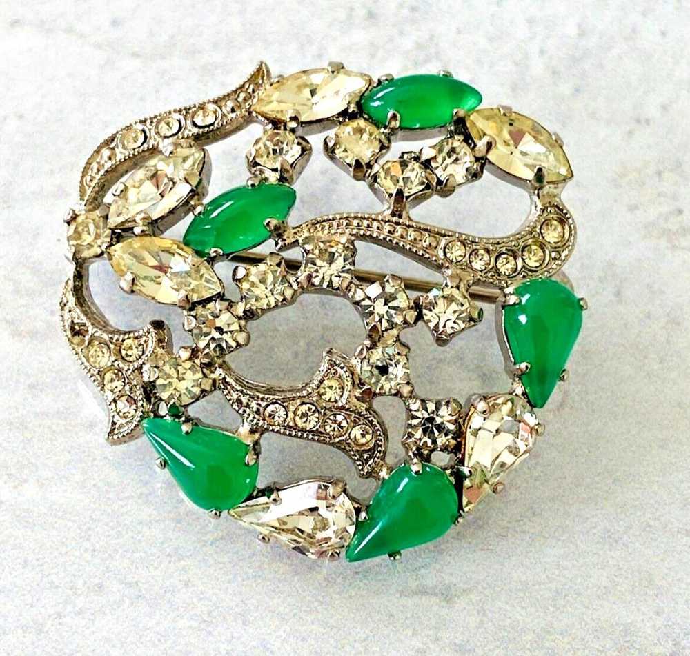 Vintage Chrysoprase Glass Clear Rhinestones Rhodi… - image 1