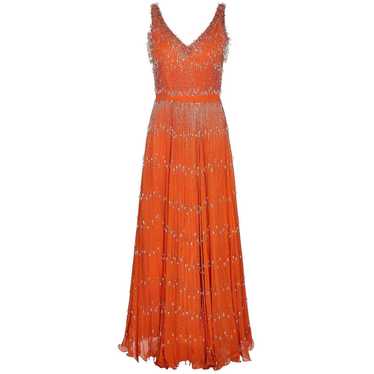 Couture 1960s Burnt Orange Silk Chiffon Gown with 