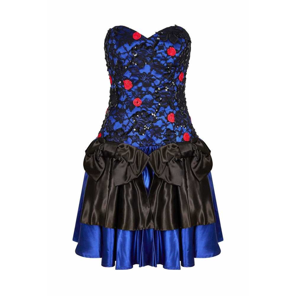 1980s Roots Blue Lace Bow Detail Cocktail Dress w… - image 1