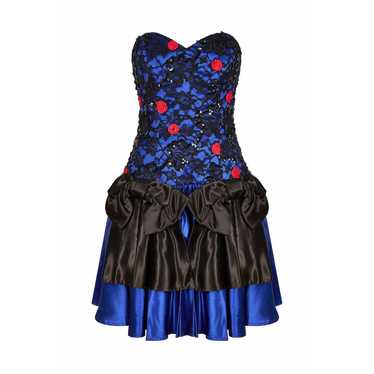 1980s Roots Blue Lace Bow Detail Cocktail Dress w… - image 1