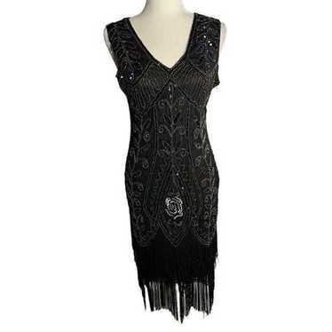 Retro Beaded Sequin Midi Dress M Black Sleeveless 