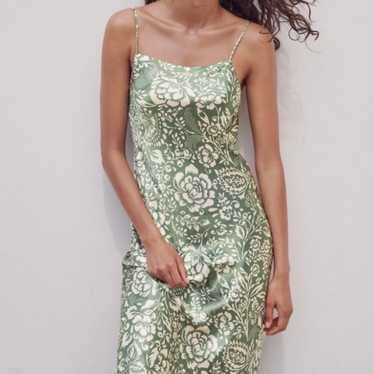 zara green printed sleeveless high slit maxi dress