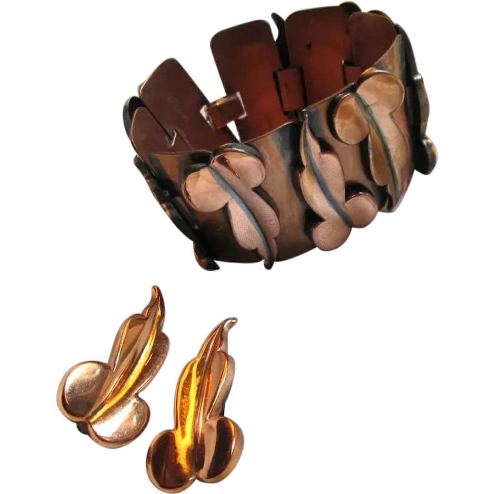 Renoir Copper Modernist Leaf Bracelet and Clip-on… - image 1