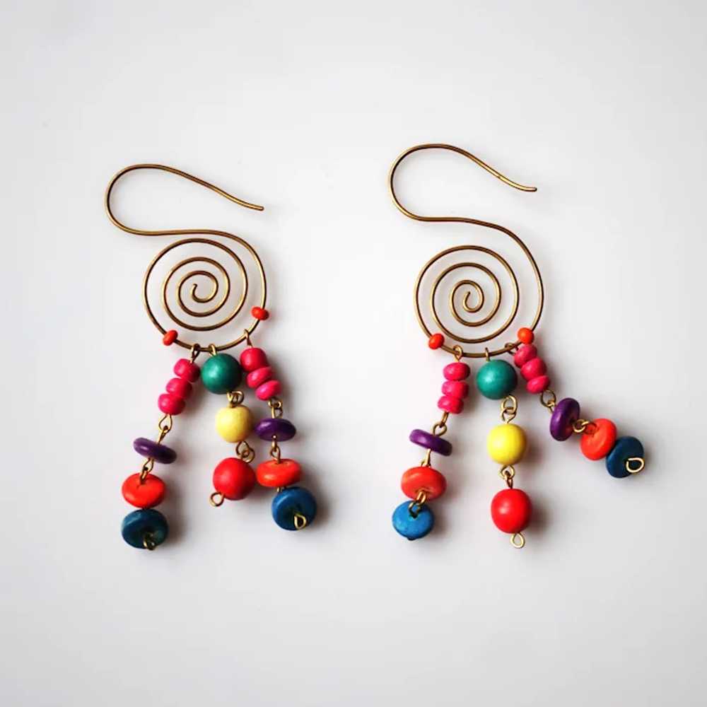 Vintage Earrings, 80s, Beaded Wood Earrings, Rain… - image 2