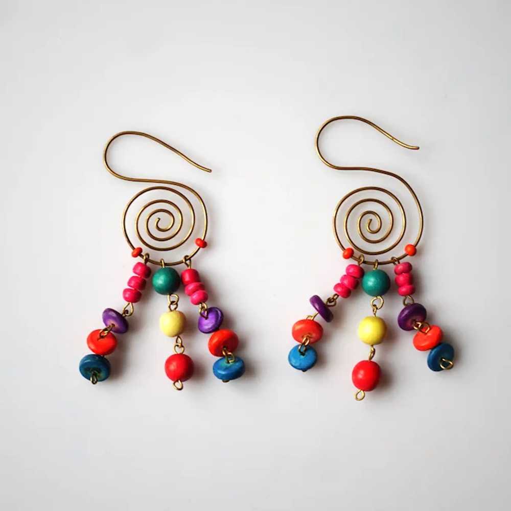 Vintage Earrings, 80s, Beaded Wood Earrings, Rain… - image 3