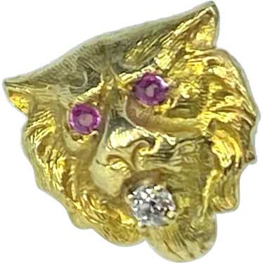 10K yellow gold Lion Head 0.6ct Diamond Ruby Eyes… - image 1