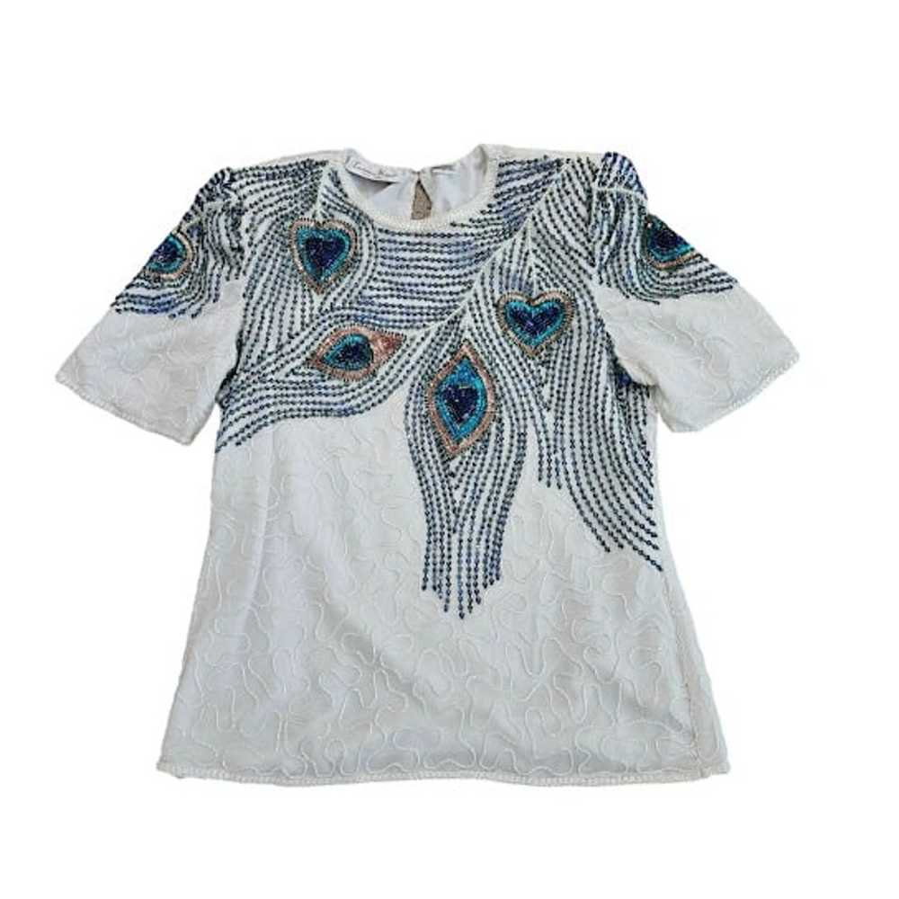 Laurence Kazar Medium Vintage 80s White Blue Peac… - image 1